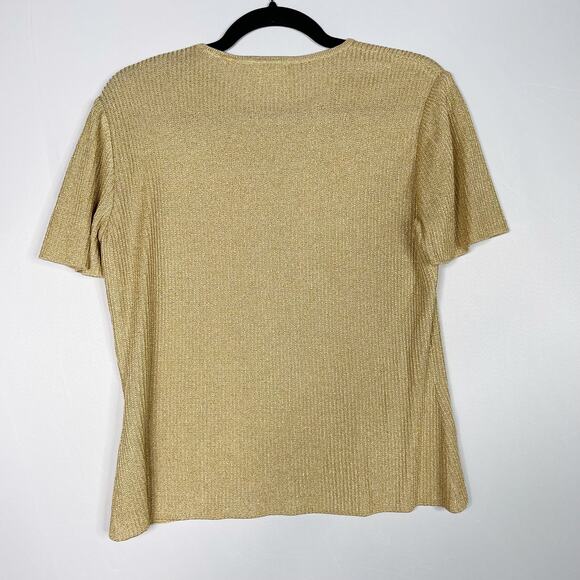 St John Small S Short Sleeve Ribbed Metallic Gold Sweater Crew Neck Womens - Picture 2 of 6